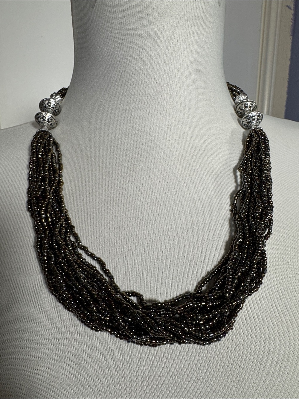 Multi-Strand Hematite Bead Necklace with Silver Accent Beads